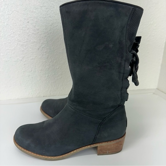 UGG CARY Putty Nubuck Leather Back Corset BOW Boots Mod Calf Block Heel 8.5 Wom - Picture 8 of 15